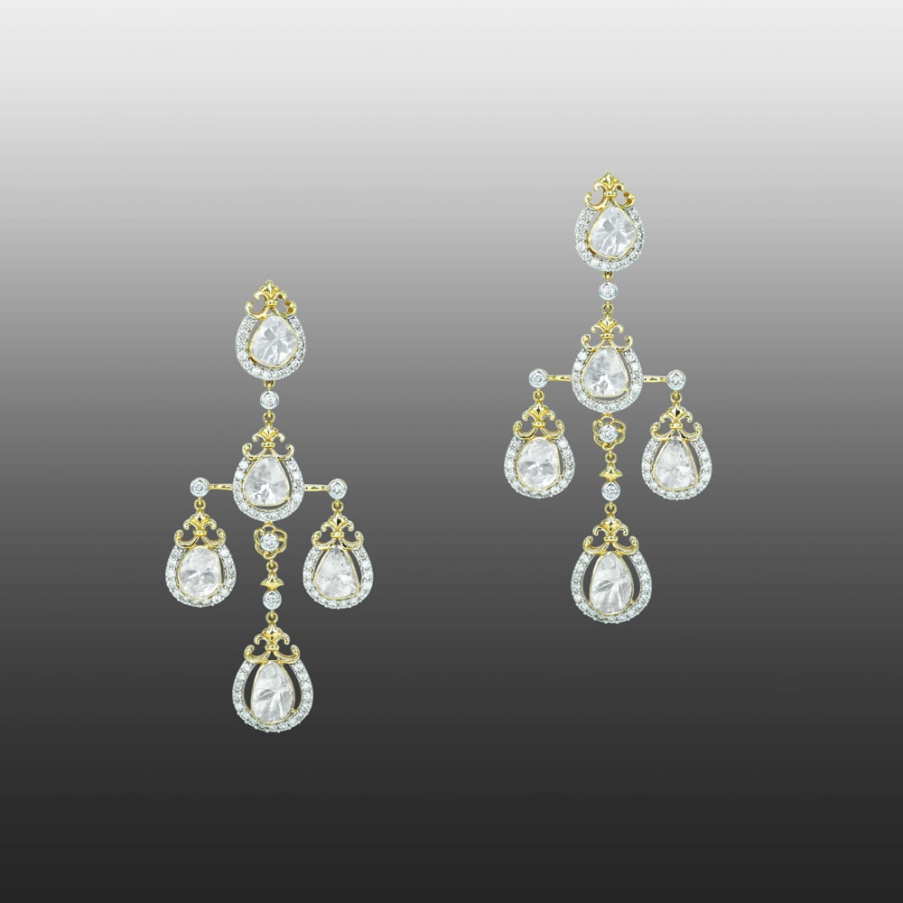 Cascading Polki Diamond Earrings with Delicate Halo Design